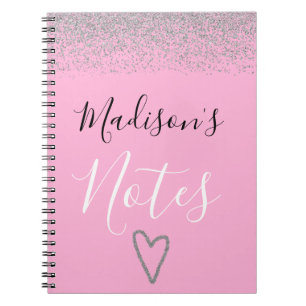 Feminines Pink & Silber Glitter Funkeln Herz Notiz Notizblock