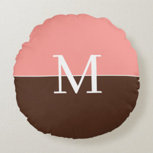 Feminines rosa und braunes Monogramm Rundes Kissen