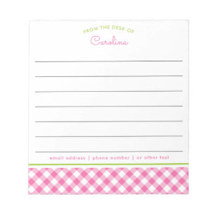Feminines Rosa und Grünes Karo Lined Schrift Notizblock