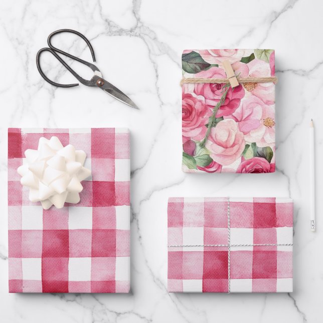 Feminines Rosa Weiß Kariert Streifen Junggesellinn Geschenkpapier Set (Vorderseite)