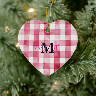Feminines Rosa Weiß Kariertes Streifen Monogramm W Keramik Ornament
