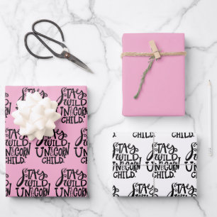 Feminines Rosa Wildes Einhorn Geburtstag Geschenkpapier Set