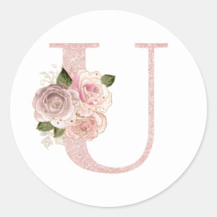 Feminines Roségold Glitter Blumen U Monogramm Runder Aufkleber