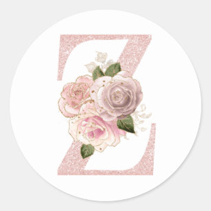 Feminines Roségold Glitter Blumen Z Monogramm Runder Aufkleber