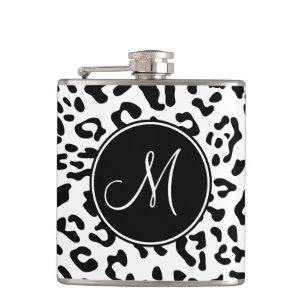 Feminines Schwarz-Weiß-Leopardenpunkt-Monogramm Flachmann