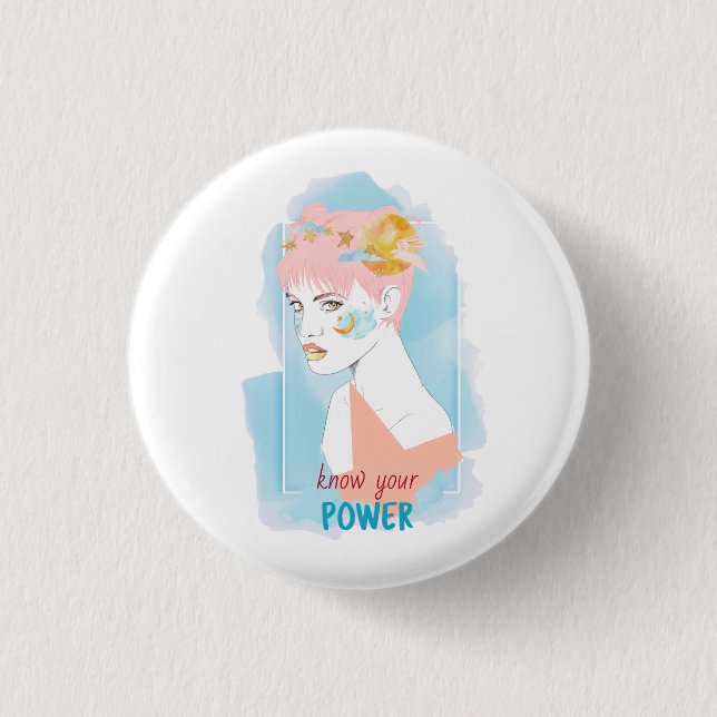 Feminismus Zitat Know Your Power Girl Illustration Button (Vorderseite)