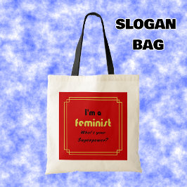 Feministische Supermacht-Slogan schwarz auf rot Tragetasche