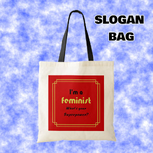 Feministische Supermacht-Slogan schwarz auf rot Tragetasche