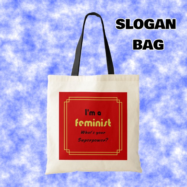 Feministische Supermacht-Slogan schwarz auf rot Tragetasche (Von Creator hochgeladen)