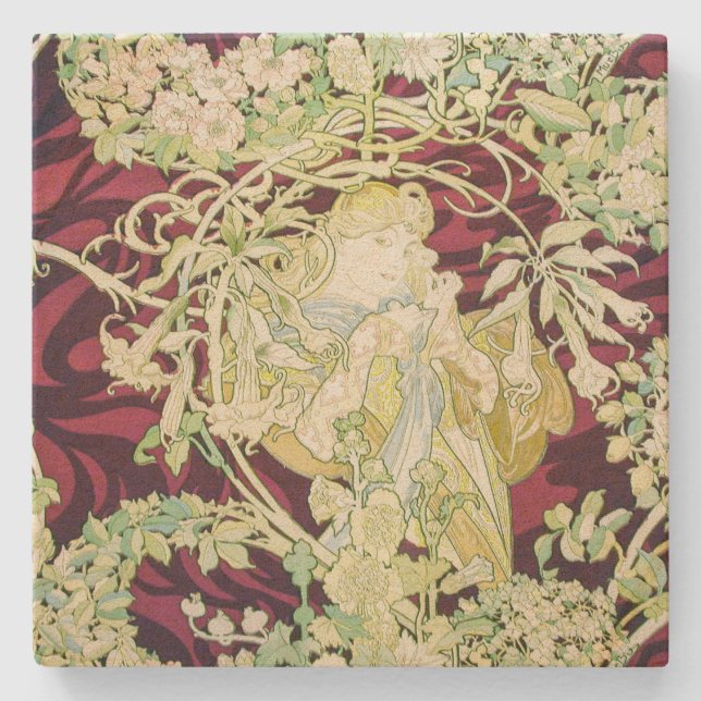 Femme à marguerite - Mucha daisy textile repro Steinuntersetzer (Vorderseite)