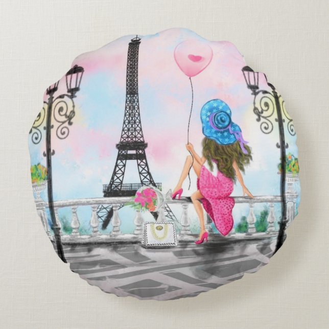 Femme à Paris Coussin rond avec tour Eiffel (Dos)