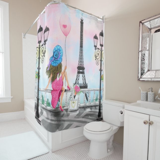 Femme À Paris Douche Rideau Tour Eiffel (En situation)