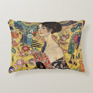 Femme au éventail par Gustav Klimt Coussin d'accen