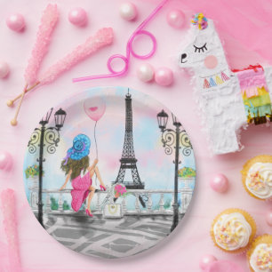 Femme avec ballon rose à Paris Assiettes en papier