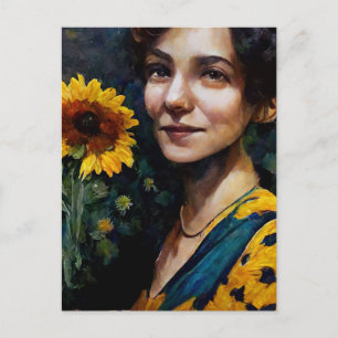 Femme Avec Carte Postale Sunflower