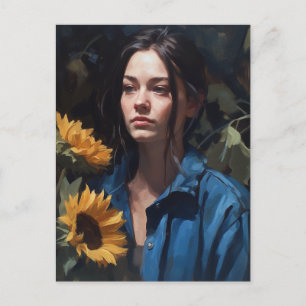 Femme Avec Carte Postale Sunflower