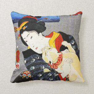 Femme de Kuniyoshi avec un coussin de chat