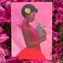 "Femme du Printemps avec Lapin." Carte de vœux