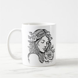 Femme élégante noire et blanche avec tasse de fleu