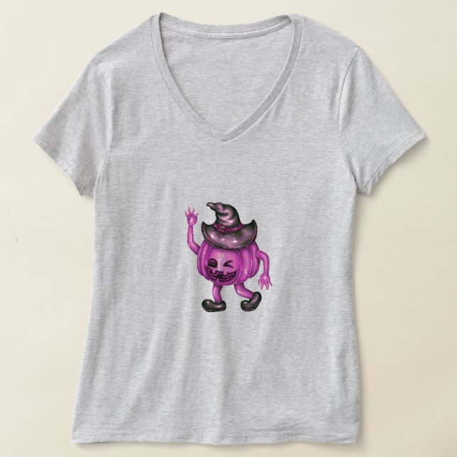 Femme en T-shirt gris V-cou - sorcière Casquette C (Poser)