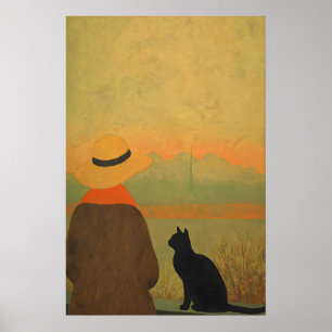 Femme et chat noir Giclée Impression Sérénité Mini