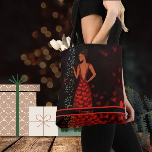 Femme lunaire dans le Sac fourre-tout de robe roug (Modern tote bag with woman in red dress)