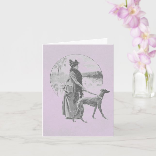 Femme marchant chien greyhound carte vintage (Orchidée)