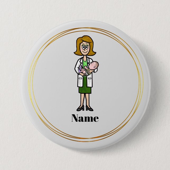 Femme médecin tenant un badge avec le nom d'un béb (Devant)
