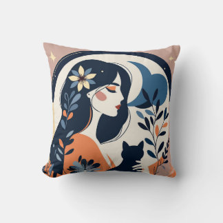 Femme moderne et coussin jeté de chat Art floral