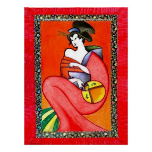 Femme portant une affiche d'impression de kimono