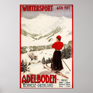 Femme Skier Vue sur Adelboden Poster