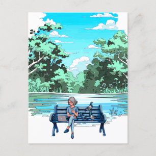 Femme sur banc avec Pigeons Design Carte postale