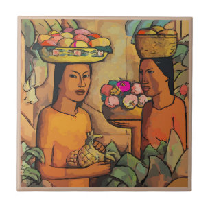 Femmes avec carreaux de fruits tropicaux