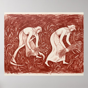 Femmes Moissonnant le Blé Impression Linogravure R