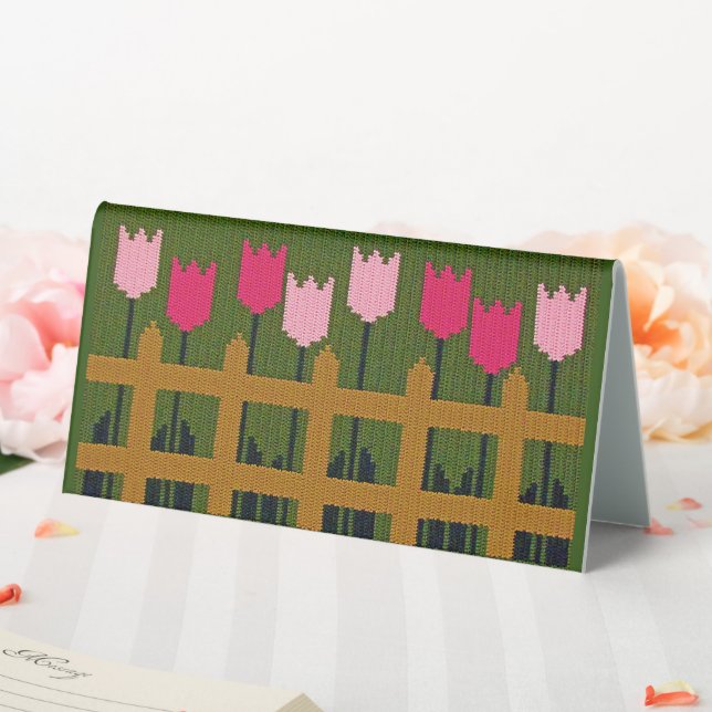 Fence Pink Tulips Green Designer Crochet Print Tischaufsteller (In Situ (Hochzeit))
