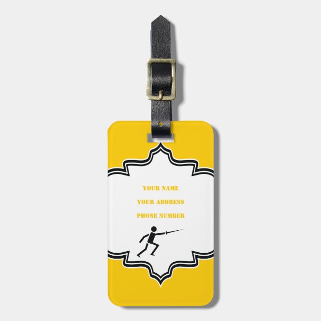 Fencer-Silhouette mit Schwert-Feing-Brauch Gepäckanhänger (Vorderseite vertikal)