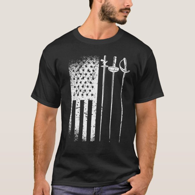 Fencing America Flag Juli 4 Folie pro Säbel T-Shirt (Vorderseite)