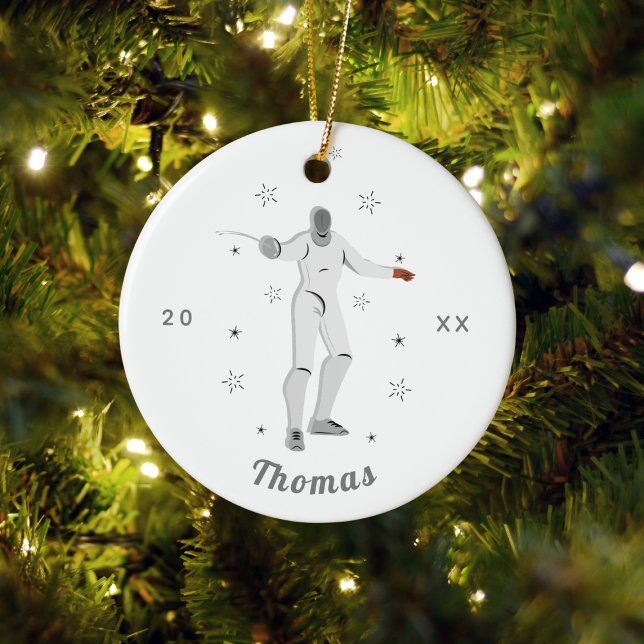 Fencing Silhouette Fencer Fence Kid's Name Gray  Keramik Ornament (Von Creator hochgeladen)