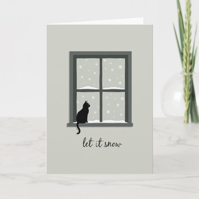 Fenêtre Chat Noir Laisser Neige Carte Hiver (Devant)