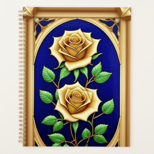 Fenêtre élégante en verre coloré avec rose dorée