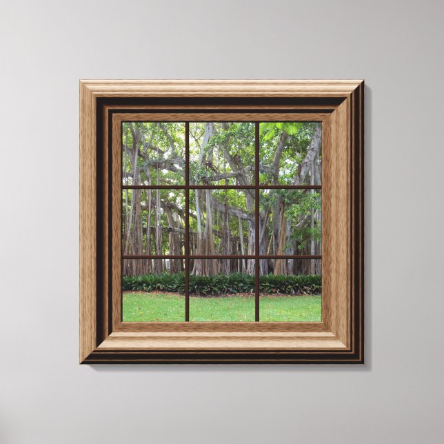 Fenêtre encadrée en bois Faux Vue sur Arbres Toile (Recto)