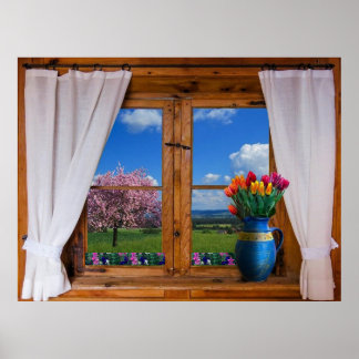 Fenêtre Rideaux Fleurs Paysage Affiche de la natur