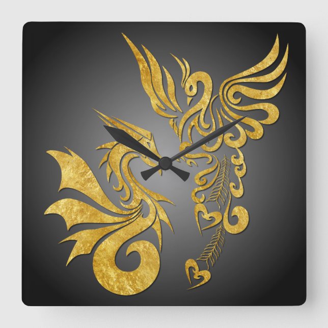 Feng Shui Golden Phoenix & Dragon Clock - schwarz Quadratische Wanduhr (Vorderseite)