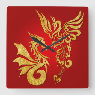 Feng Shui goldene Phoenix- u. Drache-Uhr - Rot Quadratische Wanduhr