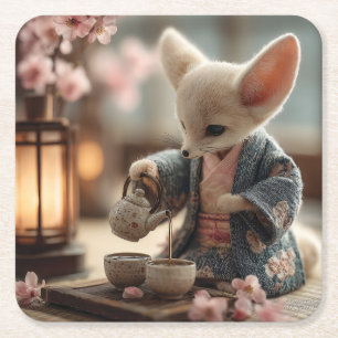 Fennec Fox in einem Kimono Darstellende Teezeremon Rechteckiger Pappuntersetzer