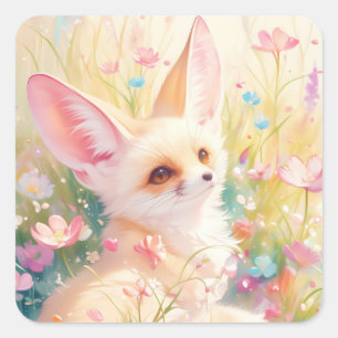 Fennec Fox in einer blühenden Wiese Quadratischer Aufkleber