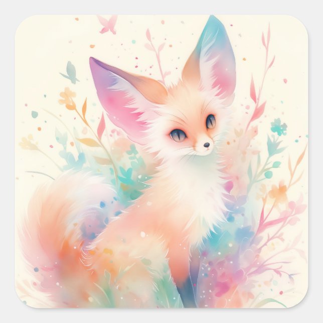 Fennec Fox unter den pastellfarbenen Blüten Quadratischer Aufkleber (Vorderseite)