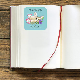 Fennec Fuchs Rosa Lila Blumen Süß Blau Exlibris Quadratischer Aufkleber