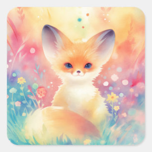 Fennekfuchs auf einem traumhaften Wildblumenfeld Quadratischer Aufkleber