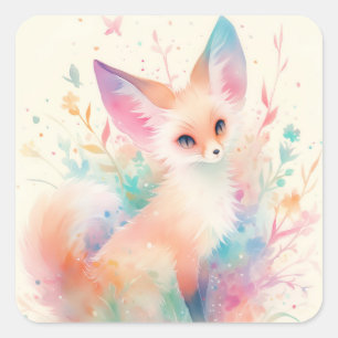 Fennekfuchs zwischen pastellfarbenen Blüten Quadratischer Aufkleber